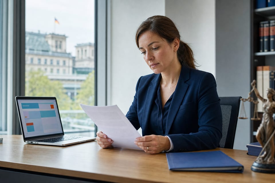 Anwältin in moderner Kanzlei am Schreibtisch — lokale KI analysiert Verträge und Schriftsätze am Bildschirm